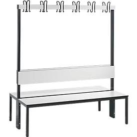 C+P Umkleidesitzbank Basic Plus, Länge 1.500 mm, doppelseitig, mit Rückenlehne, 2x6 Doppelhaken, schwarzgrau/weiss