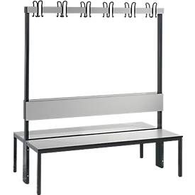 Garderobenbank Basic Plus, 2-seitig, Rückenlehne, ohne Schuhrost, Fussgestell schwarzgrau RAL 7021, B 1500 mm, Dekor silbergrau