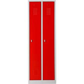 Kleiderspind, 2 Türen, B 600 x H 1800 mm, Drehriegelverschluss, lichtgrau/feuerrot