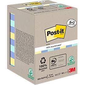 Post-it, Post-it Recycelte Haftnotizen 76 x 76 mm Pastell 100 Blatt Vorteilspackung 8 + 2 Gratis