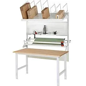 RAU, Packtisch komplett, manuell höhenverstellbar, Set 3 mit Lochplatte, Schneidgerät, Abrolleinheit, BxT 1500 x 800 mm, Buchenplatte RAU