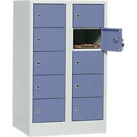Schliessfachschrank, Stahlbl., Türanschl. rechts, Zylinderschloss, 10 Fächer, B 600 x H 965 mm, l.grau RAL 7035/t.blau RAL 5014