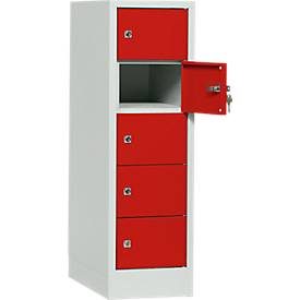 Schliessfachschrank, Stahlbl., Türanschl. rechts, Zylinderschloss, 5 Fächer, B 300 x H 965 mm, l.grau RAL 7035/f.rot RAL 3000