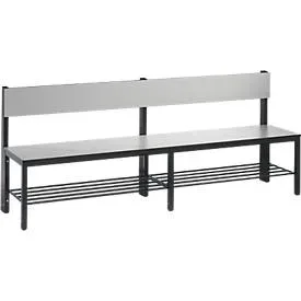 Sitzbank Basic Plus, 1-seitig, Rückenlehne, mit Schuhrost, 4-Fussgestell schwarzgrau RAL 7021, B 1960 mm, Dekor silbergrau