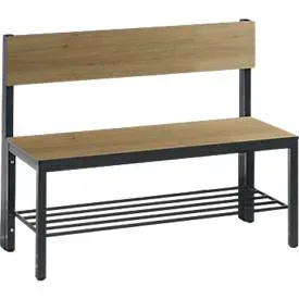 Sitzbank Basic Plus, 1-seitig, Rückenlehne, mit Schuhrost, 4-Fussgestell schwarzgrau RAL 7021, B 1000 mm, Dekor Eiche Ser.