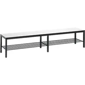Umkleidebank Basic Plus, für Feuchträume, ohne Rückenlehne, 6-Fussgestell schwarzgrau RAL 7021, mit Schuhrost, B 1960 mm, Dekor weiss