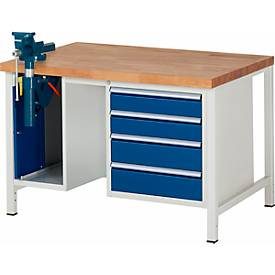 RAU, RAU Werkbank Serie 8000, 2 Container, HxBxT 840-1.040 x 1.500 x 700 mm, 4 x 90%-Auszug-Schubladen, inkl. Schraubstock