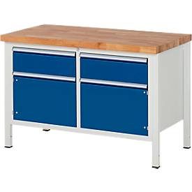 RAU Werkbank Serie 8000, 1 Doppel-Container, 2 Flügeltüren, HxBxT 840-1.040 x 1.250 x 700 mm, 2 x 90%-Auszug-Schubladen ErgoScript®
