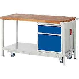 RAU, RAU Werkbank Serie 8000 mit absenkbarem Fahrgestell, 1 Container, 1 Ablageboden, HxBxT 880 x 1.250 x 700 mm, 1 x 90%-Auszug-Schubladen, 1 Flügeltür, ErgoScript