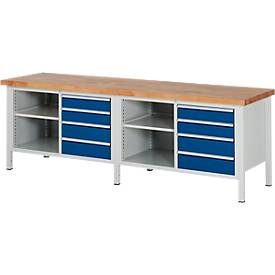 RAU, RAU Werkbank Serie 8000, 2 Doppel-Container, 2 Fachböden, HxBxT 840 x 2.500 x 700 mm, 8 x 90%-Auszug-Schubladen