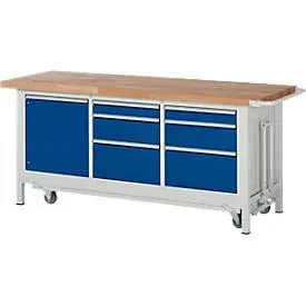 RAU, RAU Werkbank Serie 8000 mit absenkbarem Fahrgestell, 1 Dreifach-Container, HxBxT 880 x 2.000 x 700 mm, 6 Schubladen, 1 Flügeltür