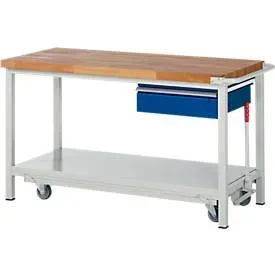 Werkbank Serie 8001, fahrbar, absenkbar, Schublade, B 1500 x T 700 x H  880 mm