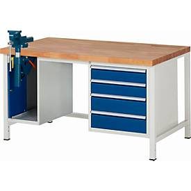 RAU Werkbank Serie 8000, 2 Container, HxBxT 840 x 1.500 x 900 mm, 4 x 90%-Auszug-Schubladen, inkl. Schraubstock