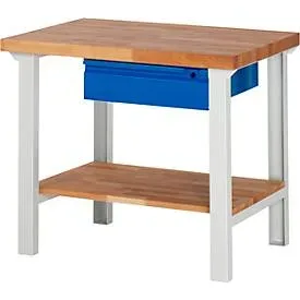 RAU Werkbank Serie 7000, 1 Buche-Massiv-Ablageboden, HxBxT 840 x 1.000 x 700 mm, 1 Schublade 1 x 150 mm