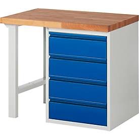 RAU, RAU Werkbank Serie 7000, 1 Container, HxBxT 840 x 1.000 x 700 mm, 4 x 90%-Auszug-Schubladen 4 x 180 mm, Schubladen-TK 100 kg