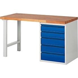RAU, RAU Werkbank Serie 7000, 1 Container, HxBxT 840 x 1.500 x 700 mm, 5 x 90%-Auszug-Schubladen 2 x 120, 2 x 150, 1 x 180 mm, Schubladen-TK 100 kg