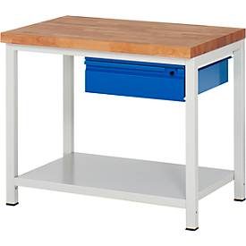 RAU, RAU Werkbank Serie 8000, Buche-Massiv-Arbeitsplatte, Stärke 40 mm, HxBxT 840 x 1.000 x 700 mm, 1 Schublade, 1 Ablageboden Tiefe 650 mm