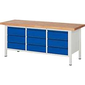 RAU, RAU Werkbank Serie 8000, 1 Dreifach-Container, HxBxT 840 x 2.000 x 700 mm, 9 x 90%-Auszug-Schubladen 9 x 180 mm, Schubladen-TK 100 kg