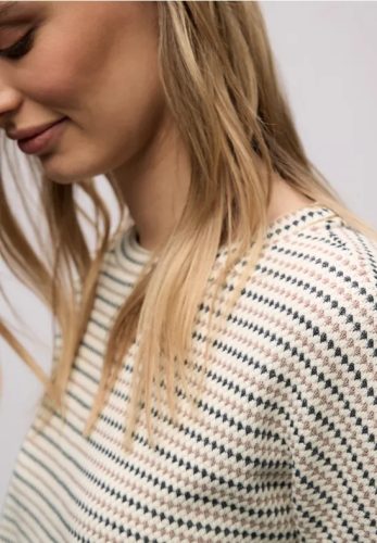 Street One, STREET ONE 3/4-Arm-Shirt mit gestreiften Strick-Look und U-Boot-Ausschnitt