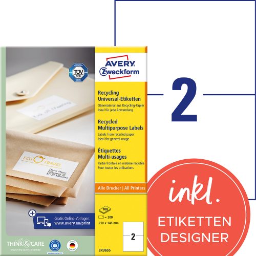 AVERY Zweckform Universaletiketten LR3655 Selbsthaftend A4 Weiss 210 x 148 mm Recycelt 100% 100 Blatt à 2 Etiketten