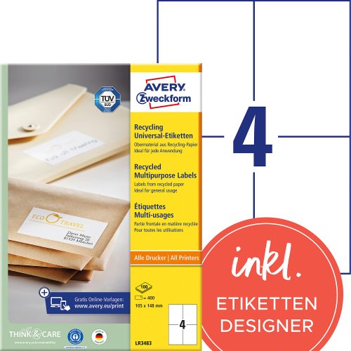 AVERY Zweckform, AVERY ZWECKFORM Etiketten 105x148mm LR3483 recycling 400 St&uuml;ck