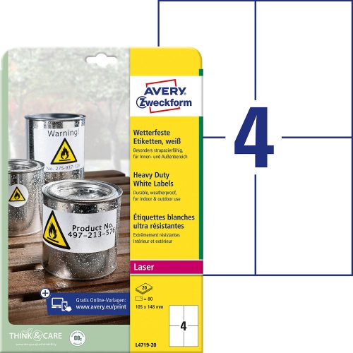 AVERY Zweckform L4719-20 Wetterfeste Etiketten Weiss Rechteckig A4 148 x 105 mm 20 Blatt à 4 Etiketten