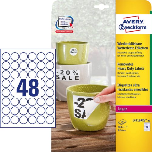 AVERY Zweckform, AVERY ZWECKFORM Etiketten Laser 30mm L4716REV2 weiss, non-perm. 20 Blatt