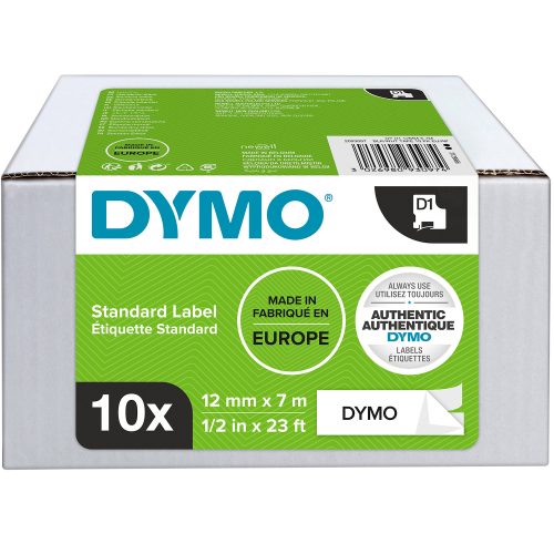 Dymo D1 S0720530 / 45013 Authentic Schriftband Selbstklebend Schwarzer Druck auf Weiss 12 mm x 7m 10 Stück