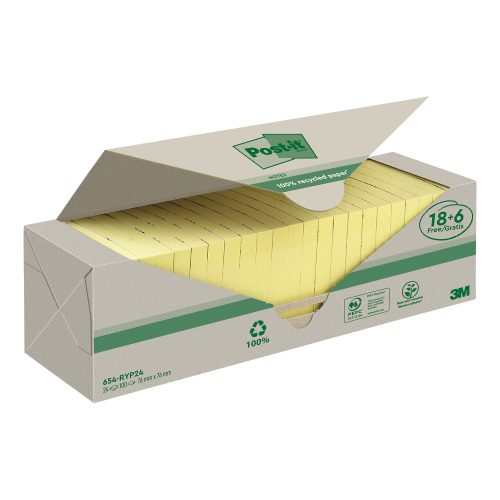 Post-it Recycelte Haftnotizen 76 x 76 mm Kanariengelb 70 Blatt Vorteilspackung 18 + 6 Gratis
