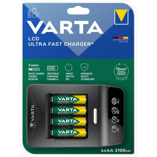 VARTA Batterieladegerät Ultra Fast und 4 wiederaufladbare AA-Batterien