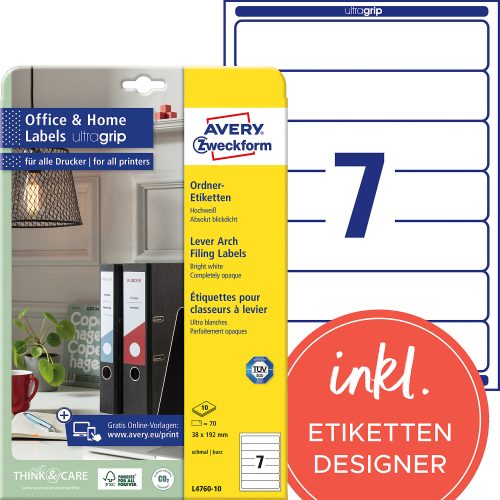 AVERY Zweckform L4760-10 Ordneretiketten A4 Weiss 38 x 192 mm 10 Blatt à 7 Etiketten