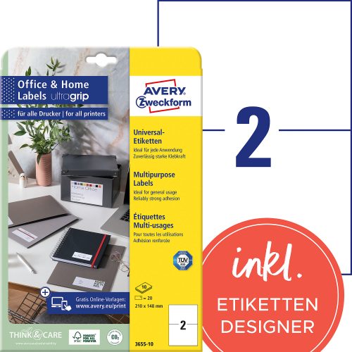 AVERY Zweckform, AVERY ZWECKFORM Universal-Etiketten 210x148mm 3655-10 weiss 20 Stk./10 Blatt