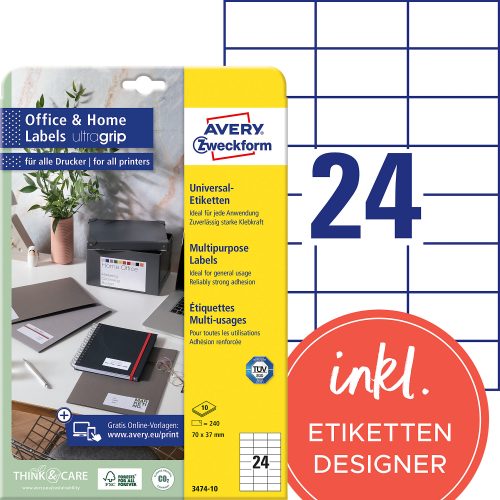 AVERY Zweckform, AVERY ZWECKFORM Universal-Etiketten 70x37mm 3474-10 weiss 240 Stk./10 Blatt