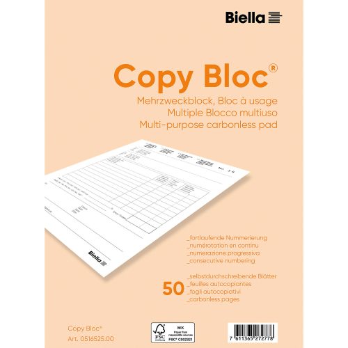 Biella, BIELLA Durchschreibeblock Copy A6 516625 weiss 4-sprachig, Mehrzweck