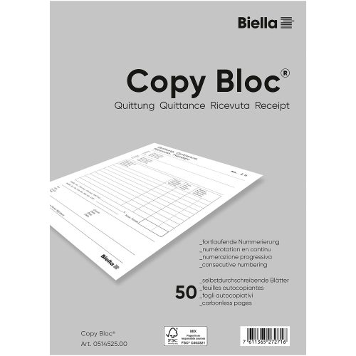 Biella, BIELLA Quittung COPY-BLOC D/F/I/E A5 514525.00 selbstdurchschreib. 50x2 Blatt