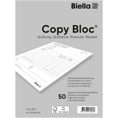 Biella, BIELLA Quittung COPY-BLOC D/F/I/E A6 514625.00 selbstdurchschreib. 50x2 Blatt