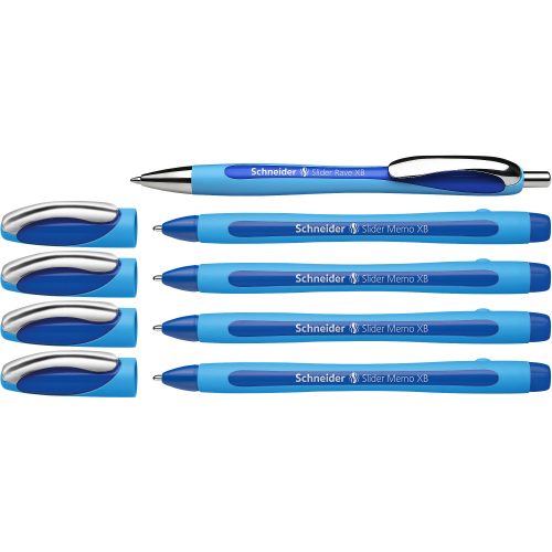 Schneider Slider Memo Kugelschreiber Blau Extra Breit 0.7 mm Nachfüllbar 5 Stück + 1 Slider Rave Gratis
