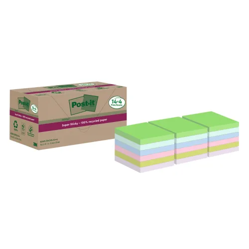 Post-it, POST-IT SuperSticky Notes 76x76mm 654 RSSCOL 14+4F Recycling,assort. 18x70 Blatt