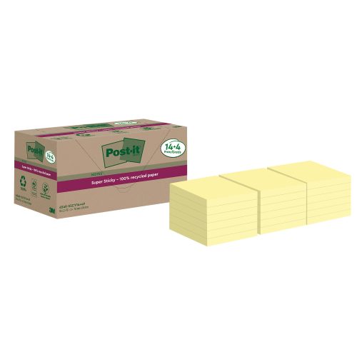 Post-it, POST-IT SuperSticky Notes 76x76mm 654 RSSCY 14+4F Recycling, gelb 18x70 Blatt