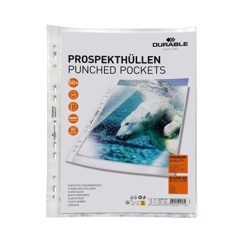 DURABLE Premium Klarsichthüllen 267719 A4 PP (Polypropylen) 21 (B) x 0.016 (T) x 29.7 (H) cm Transparent 50 Stück
