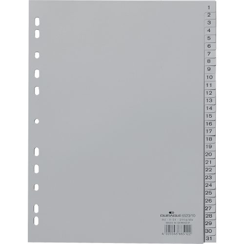 DURABLE Index-Haftstreifen 1-31 A4 Grau 31-teilig Polypropylen 11 Löcher 6523