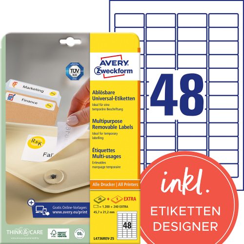 AVERY Zweckform, AVERY ZWECKFORM Etikett.Stick&Lift 45.7x21.2mm L4736REV-25 weiss 1440 Stk./25 + 5 Blatt