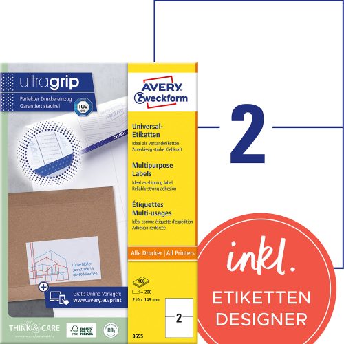 AVERY Zweckform, AVERY ZWECKFORM Etiketten 210x148mm 3655 weiss 200 Stk./100 Blatt