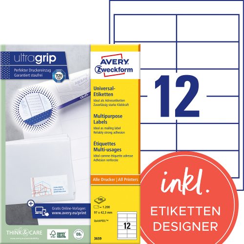 AVERY Zweckform, AVERY ZWECKFORM Universal-Etiketten 97x42.3mm 3659 weiss 1200 Stk./100 Blatt