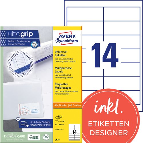 AVERY Zweckform, AVERY ZWECKFORM Etiketten 97x37mm 3678 weiss 1400 Stk./100 Blatt