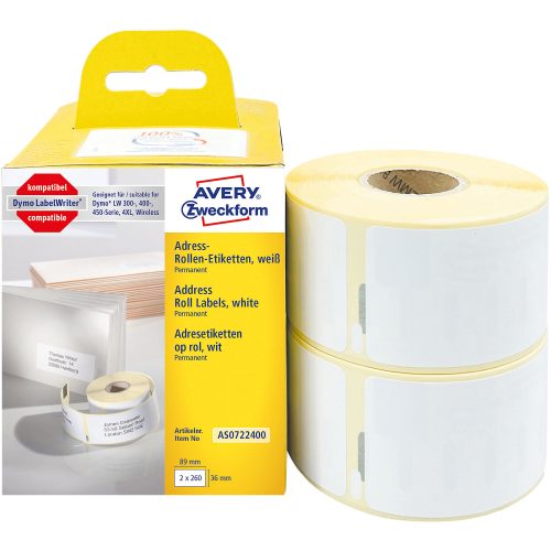 AVERY Zweckform, AVERY ZWECKFORM Adress-Etiketten 89x36mm AS0722400 weiss, Rolle 2x260 St&uuml;ck