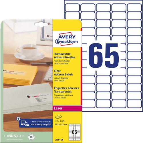 AVERY Zweckform, AVERY ZWECKFORM Adress-Etik. Laser 38x21,2mm L7551-25 transparent 1625 St./25 Blatt