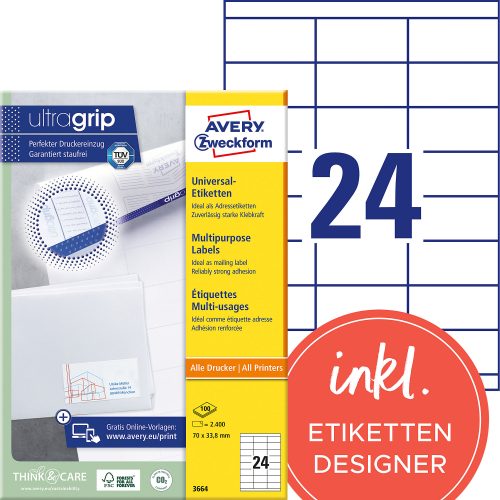 AVERY Zweckform, AVERY ZWECKFORM Etiketten 70&times;33,8mm 3664 weiss 2400 Stk./100 Blatt