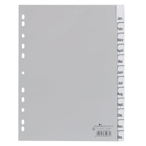 DURABLE Blanko Register DIN A4 Grau 12-teilig PP (Polypropylen) Portrait A4 11 Löcher 6410