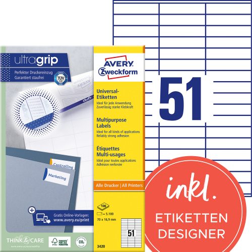 AVERY Zweckform, AVERY ZWECKFORM Universal-Etikett. 70x16,9mm 3420 weiss 5100 Stk./100 Blatt